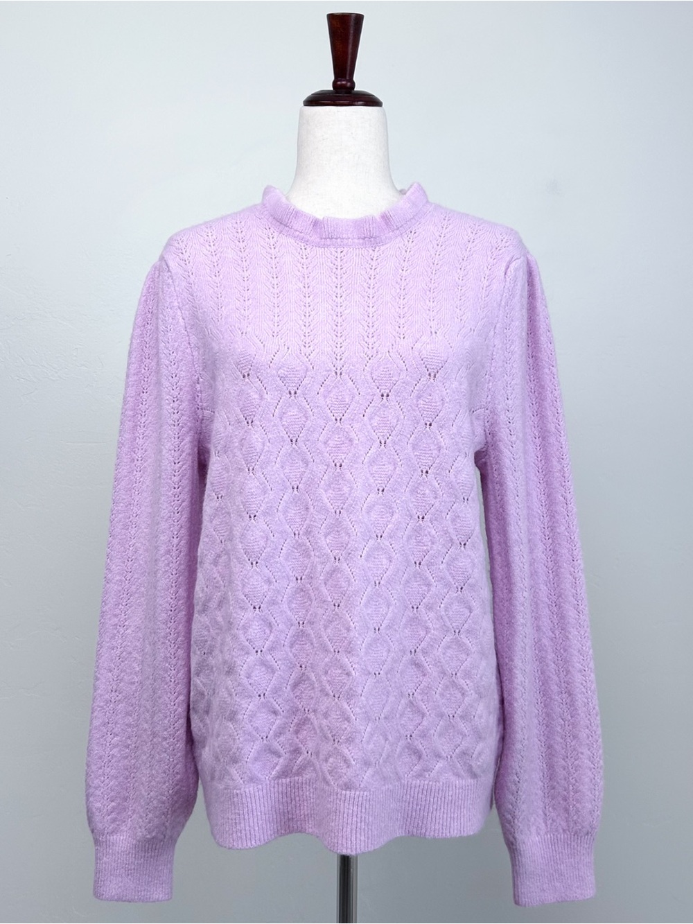Ann Taylor LOFT Pink Pointelle Knit Ruffle Neck Feminine Puff Sleeve Sweater NWT